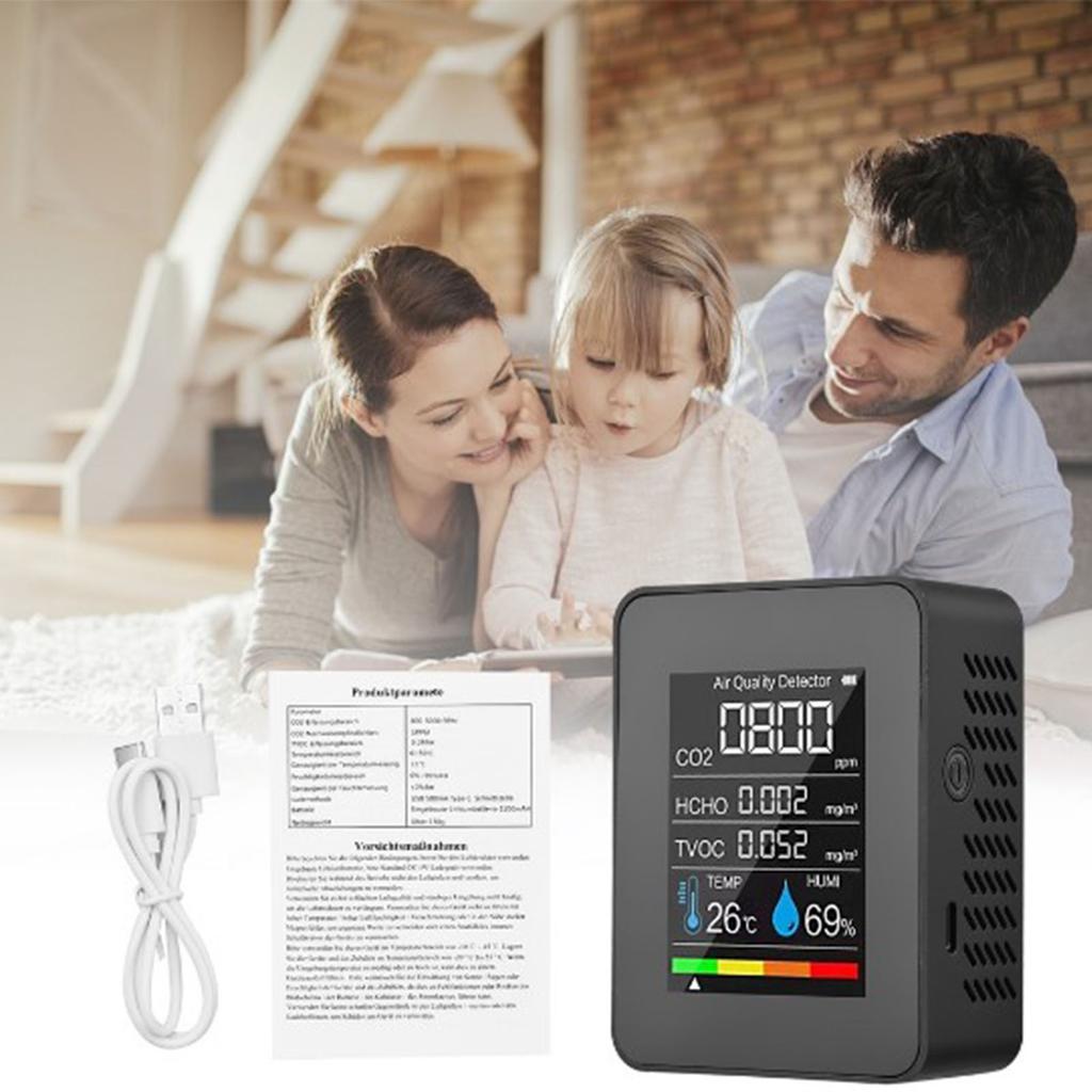 Formaldehyde Detector TVOC Sensor CO2 PM2.5 Temperature Humidity Air Quality Tester 5 In 1 Black