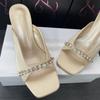 Women's Summer Open Toe High Heel Sandals with Rhinestones Outside Wearing Elegant Heels Square Head Sandals Slippers