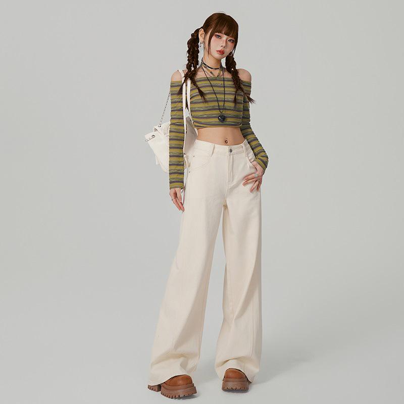 Versatile Retro High-Waisted Patchwork Wide-Leg Jeans for Women - Three Color Options, Loose Casual Straight Floor-Length Design.