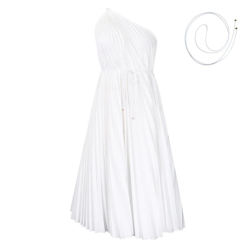 Damen Sommer Neu Einfarbige Schräg Schulterträger A-Linie Rock Locker Faltenkleid