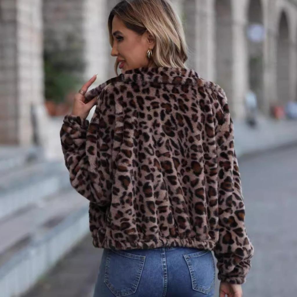 2025 Winter Autumn Leopard Print Fleece Coat for Women Loose Zip Long Sleeve Fluffy Jacket