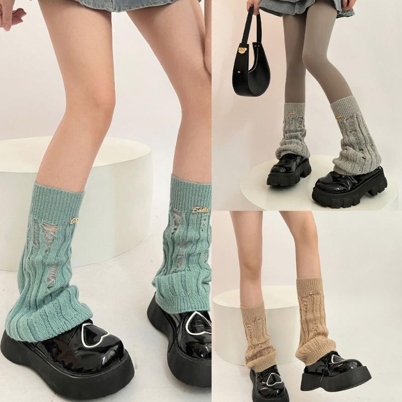 Girl Lolitas Leg Warmers Y2K Destroyed Knitted Flared Leg Sleeve Goth Baggy Cuffs Ankle Heap Socks JK Uniform Foot Cover