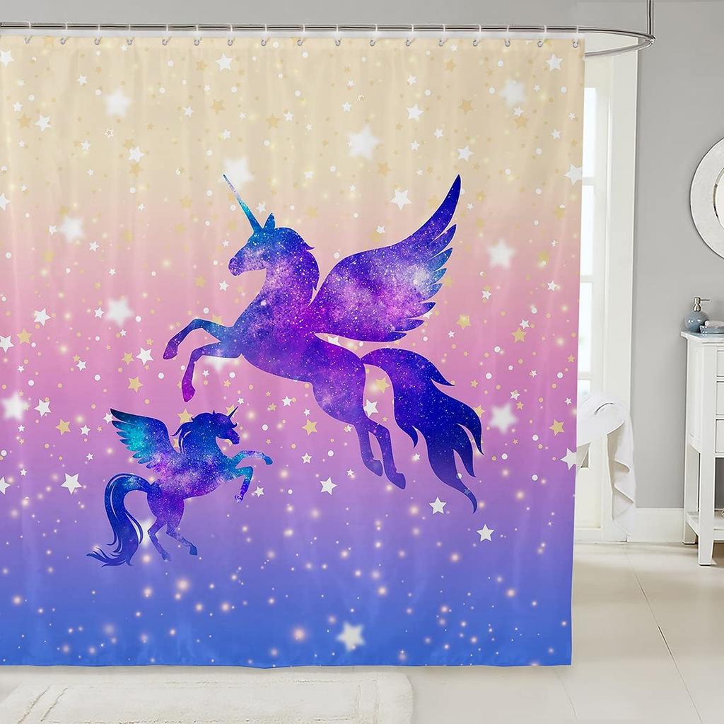 Gradient Purple Shower Curtain, Rainbow Unicorn Bath  Glitter Stars, Waterproof Curtains, Dreaming Cartoon Bathroom Deco