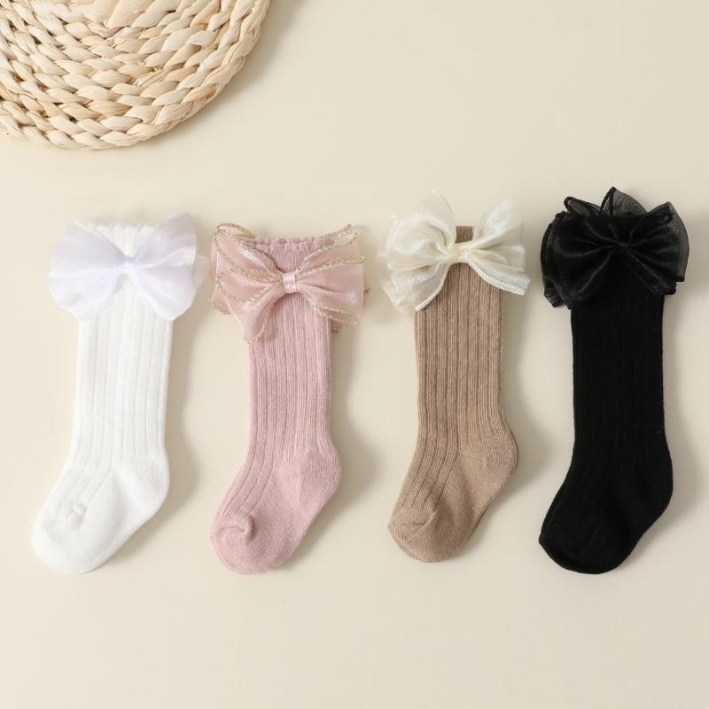 4pairs/set New Autumn Baby Girls Socks 0-2Y Infant Bow Solid Color Mid-tube Socks Baby Accessories