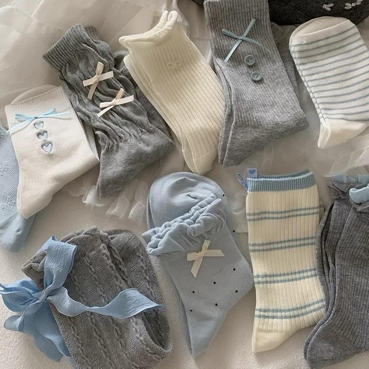 Bow Socks Women'S Mid-Tube Socks Spring And Autumn Cotton Socks Girl Cute White Ballet Style Spring Stockings