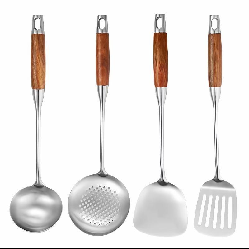 Stainless Steel Kitchen Utensil Set Heat Resistant Natural Wooden Handles Dishwasher Safe Cooking Tools for New Home Gift