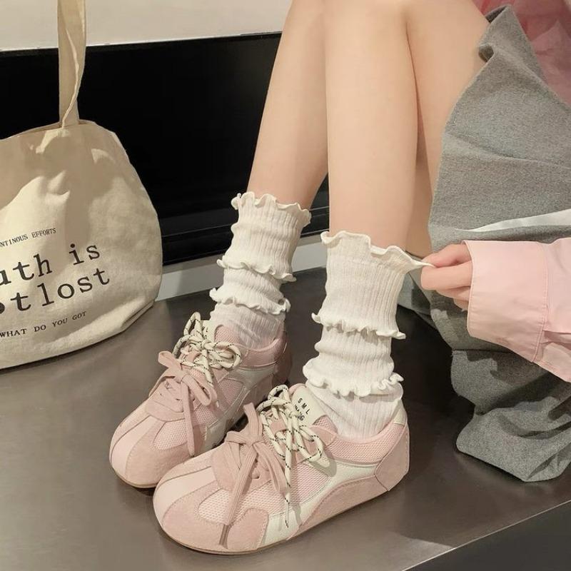Fashion Spring New Casual Sports Shoes Women's Fashion Round Head Splicing Mesh Fabric Front Strap Soft Sole Non-slip Shoes