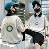 Korean Boys' Cotton Lapel Short Sleeve Summer T-shirt Set, Size 6-12, Color Block Polo.