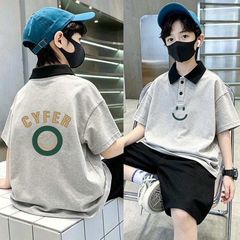 Korean Boys' Cotton Lapel Short Sleeve Summer T-shirt Set, Size 6-12, Color Block Polo.