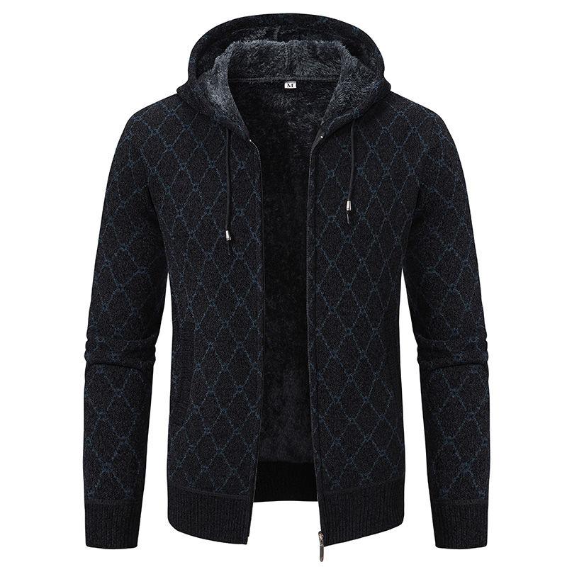 Winter Men's Cardigan Sweater with Thick Velvet and Loose Casual Hooded Knitted Jacket for Outerwear