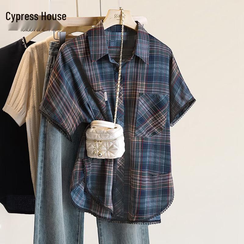 Women s Retro Contrast Plaid Short Sleeve Lapel Shirt S