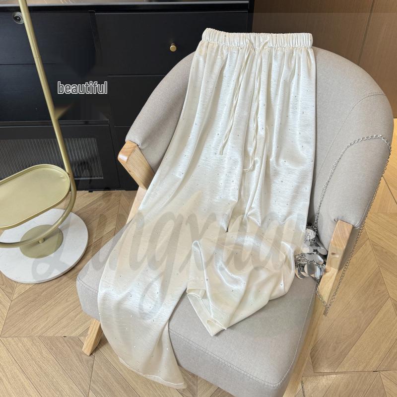 

Women s New Chinese Style Satin Rhinestone Wide-Leg Pants - High Waist, Slimming, Summer Casual L