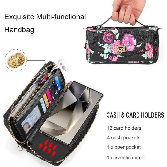 Crossbody Wallet Case for Samsung Galaxy S24 Ultra, Magnetic Detachable PU Leather Flip Phone Case with Card Holder RFID Blocking Wristlet Mirror