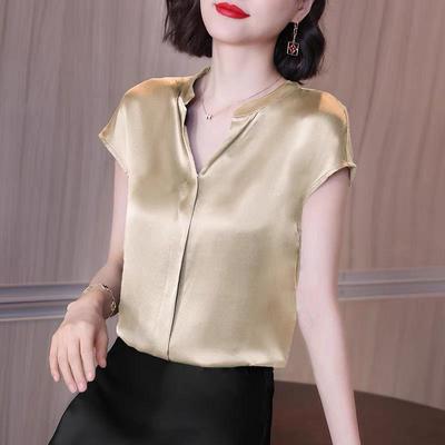 Satinbluse für Damen, kurzärmelig, einfarbig, grau, lockere Blusen mit V-Ausschnitt, schwarz, grau, Sommer-Chiffon-Oberteile