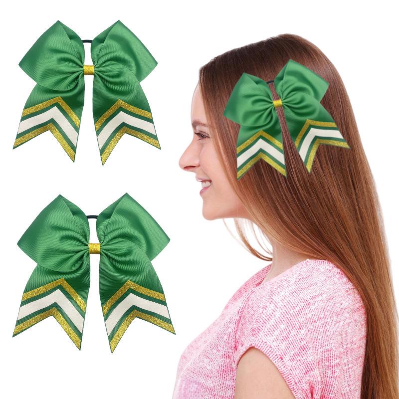 Sparkling Green & Gold Cheerleader Bow Elastic Hair Tie