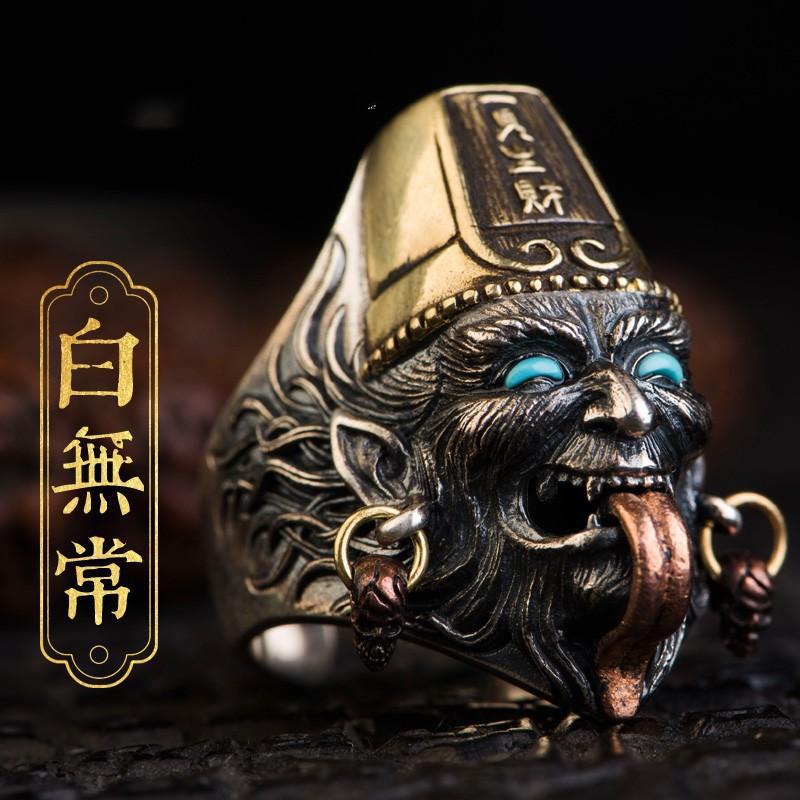 Adjustable Open Ring Men Women Vintage Chinese Folklore White Black Impermanence Guardian Sculpted Plated Band Adjustable Open Band