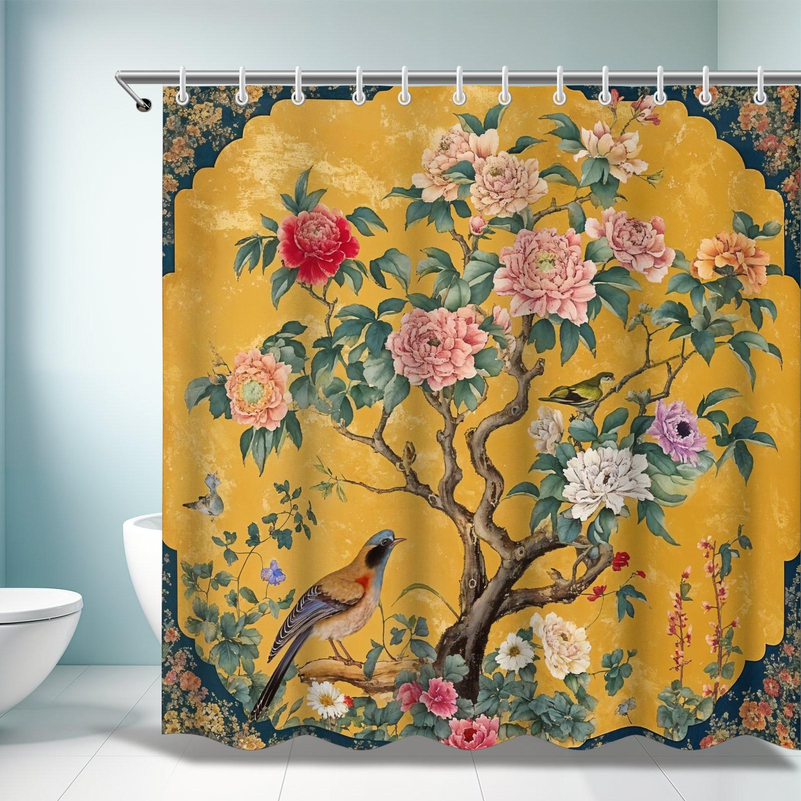 

Водонепроницаемая шторка для душа с элегантными пионами и птицами на ярком желтом фоне для роскошного декора ванной комнаты W90XH180cm
