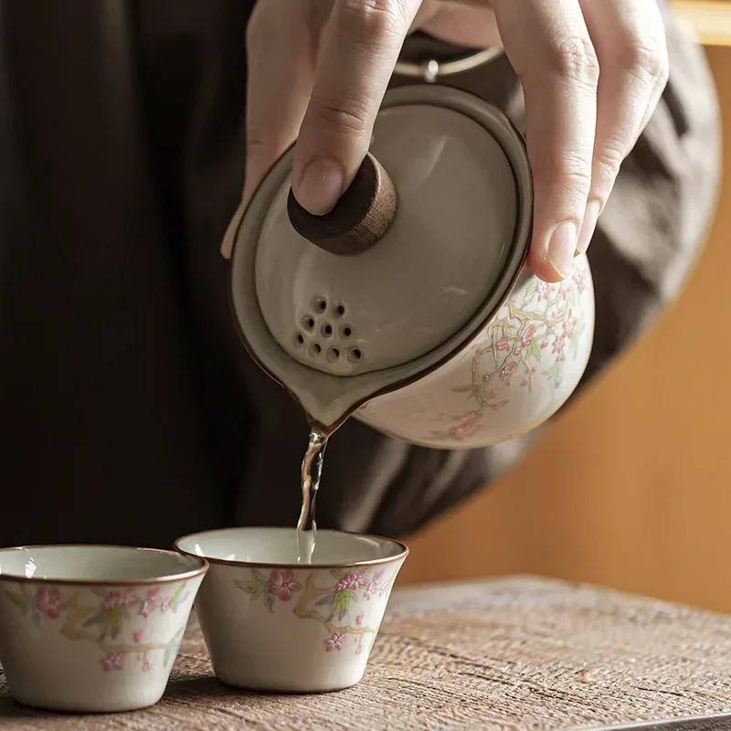 Mihuang Ru Kiln Quick Cup Powder Peach Spring Three Cups Square Package Ceramic Travel Kung Fu Tea Set Portable
