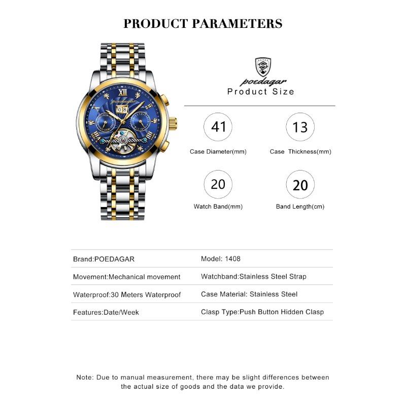 POEDAGAR Orologio da polso meccanico automatico di lusso Acciaio Inossidabile Tourbillon Orologio da uomo Impermeabile Luminoso Orologi da uomo da affari