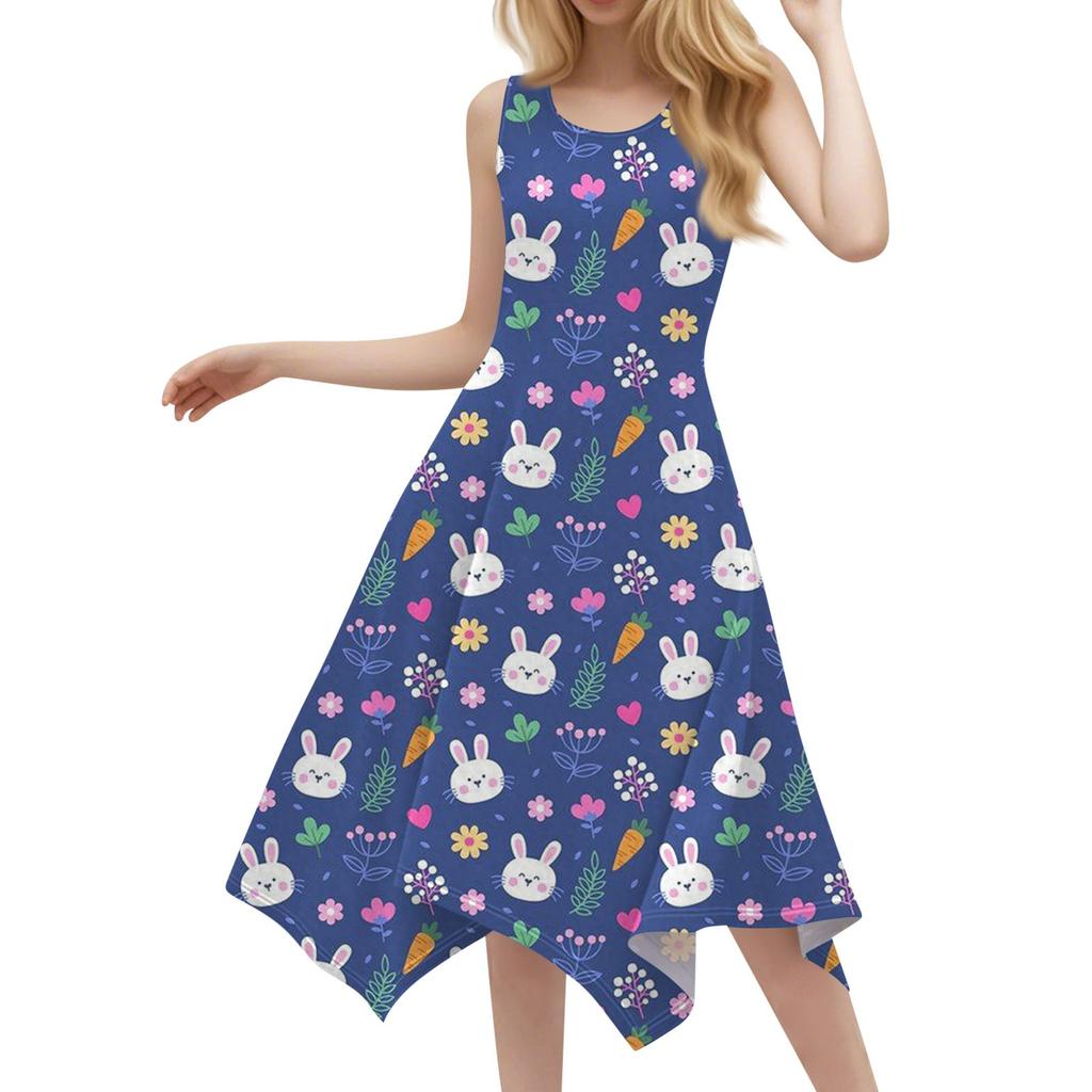 Dámská ležérní móda Midi šaty s kulatým výstřihem a potiskem bez rukávů s nepravidelným lemem