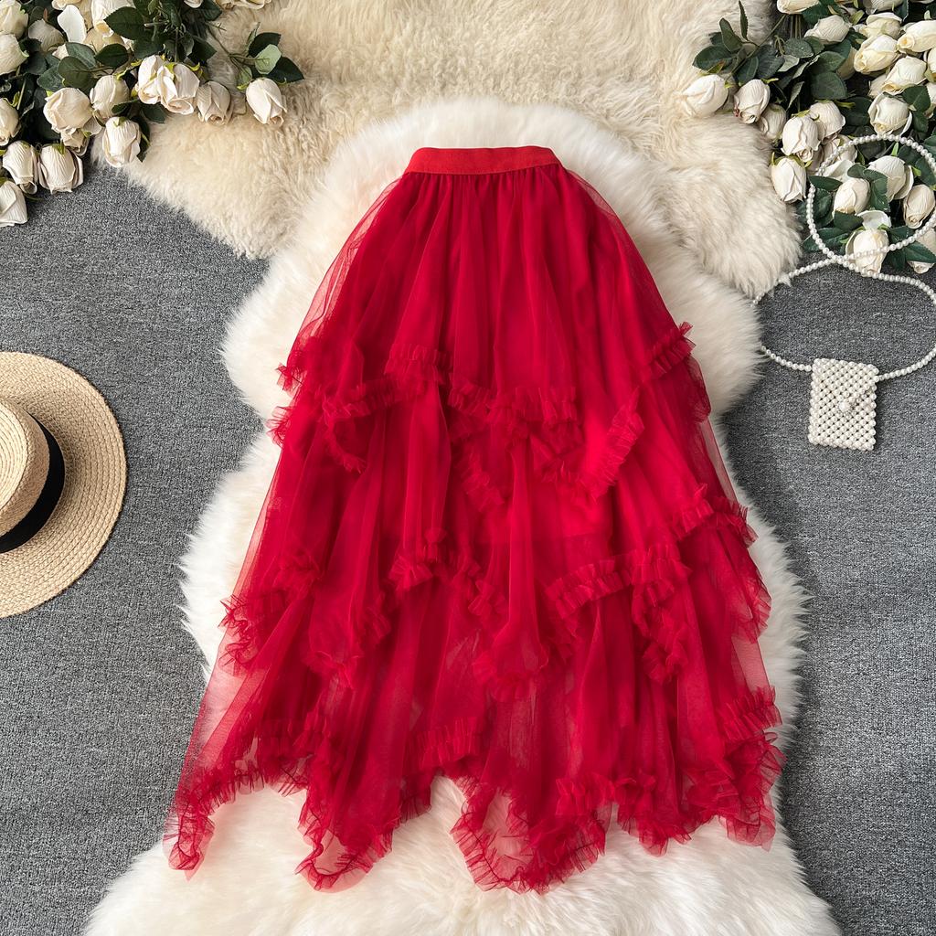 Letní Dámská Elegantní Elastická Vysoký Pas Síťovaná Princeznovská Dlouhá Midi Nepravidelná Dortová Sukně