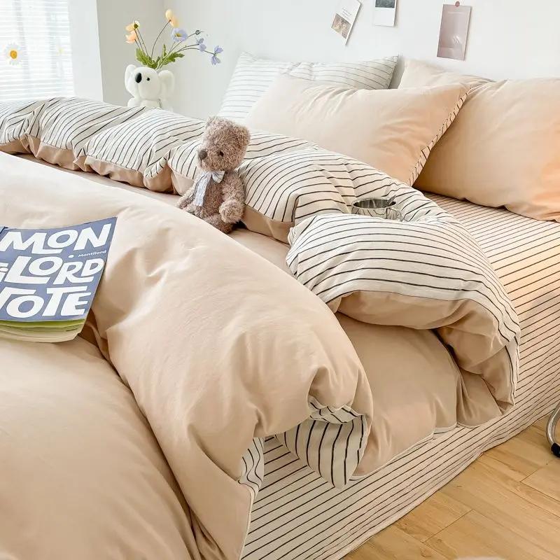 INS Plaid Bedding Set Pink Green Bed Linens Nordic Duvet Cover Pillowcase Queen Size Flat Sheet Adults Kids Bedclothes