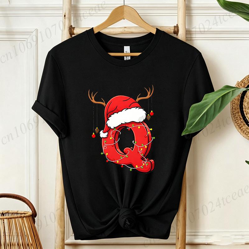 Cute Cartoon Xmas Initial A~Z Graphic T Shirts Christmas Reindeer Lights Print T-Shirts Holiday Party Family Matching Tshirts