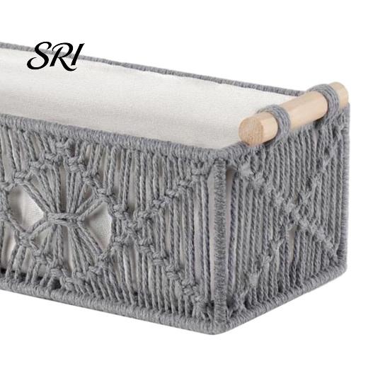 Neat Countertop Storage Box with Wooden Handles Large Capacity Basket Sturdy Frame Organizer Woven Design for Cosmetics And Sundries Space-saving