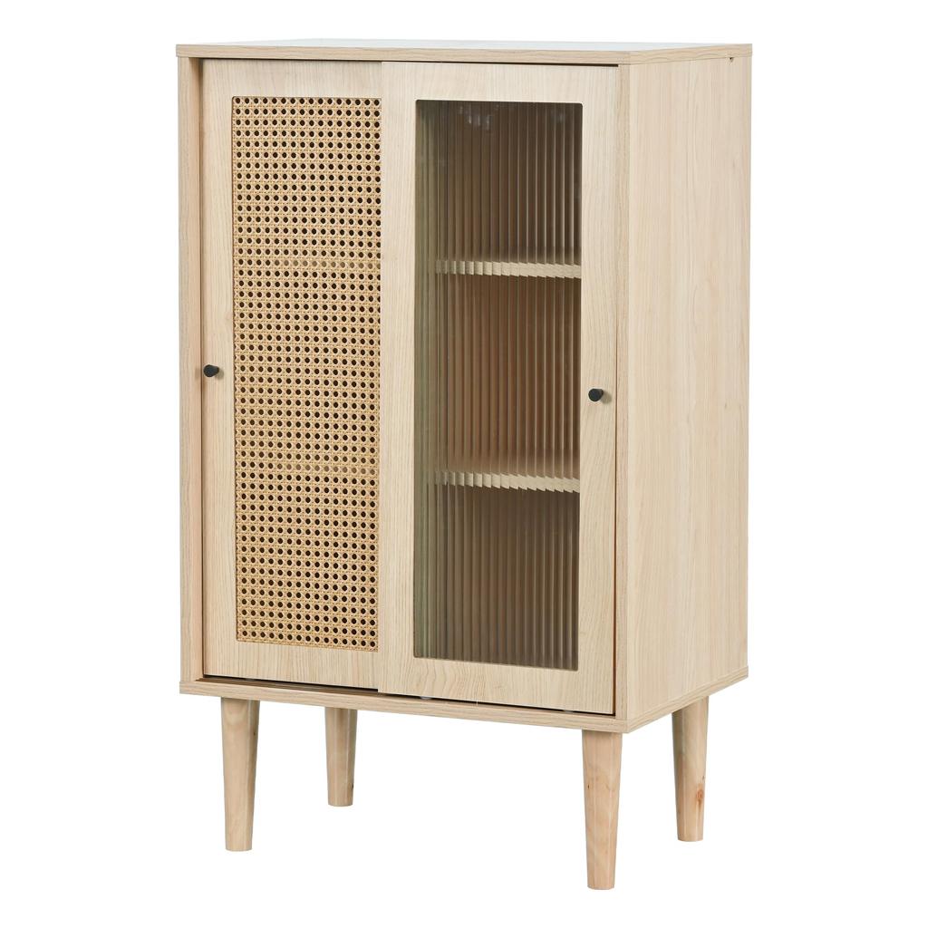 Sideboard Sliding Doors Shelves, Modern Highboard 6 Divided, Rattan Chest of Drawers Ample Storage Space, Dining Room, Living Room & Bedroom, 60x40x100cm