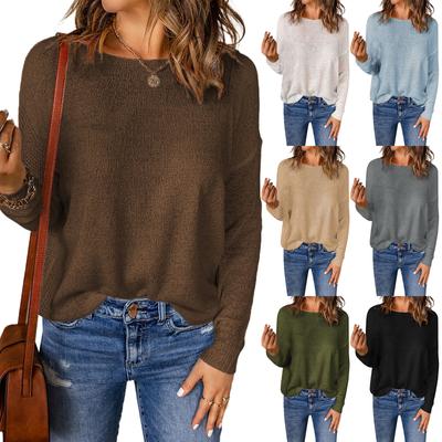 Women Solid Long Sleeve Sweater Crewneck Drop Shoulder Knit Shirts Tops