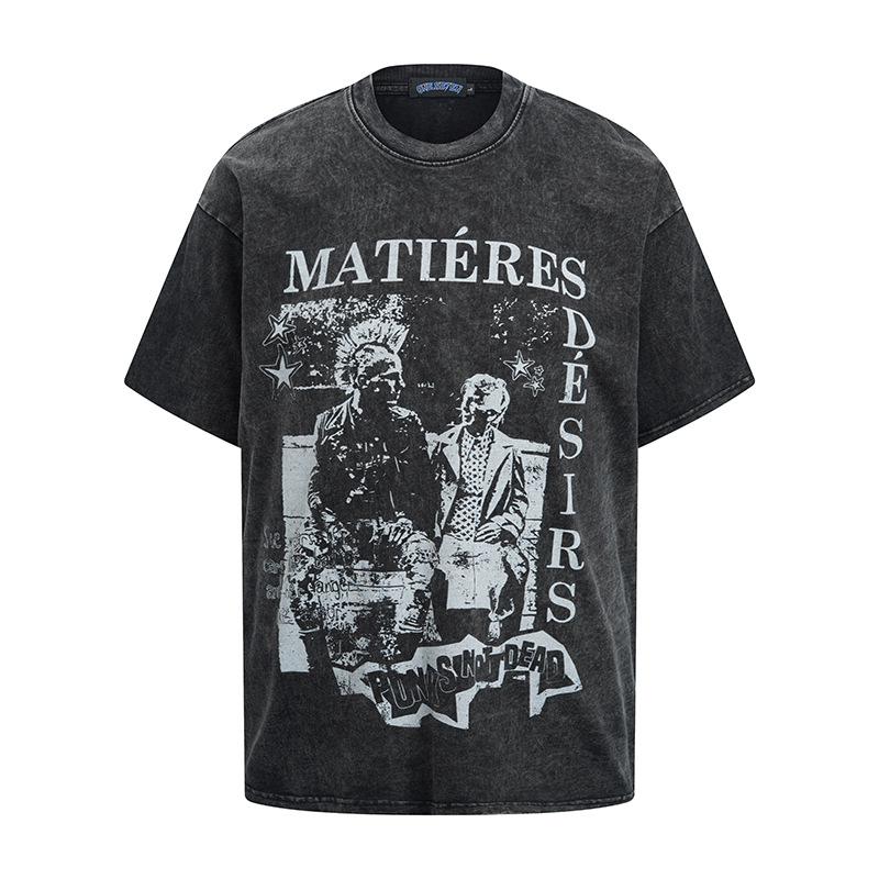 American Street Trend Men'S T-Shirt Hiphop Retro Doberman Print Loose Short-Sleeved Washed T-Shirt Men