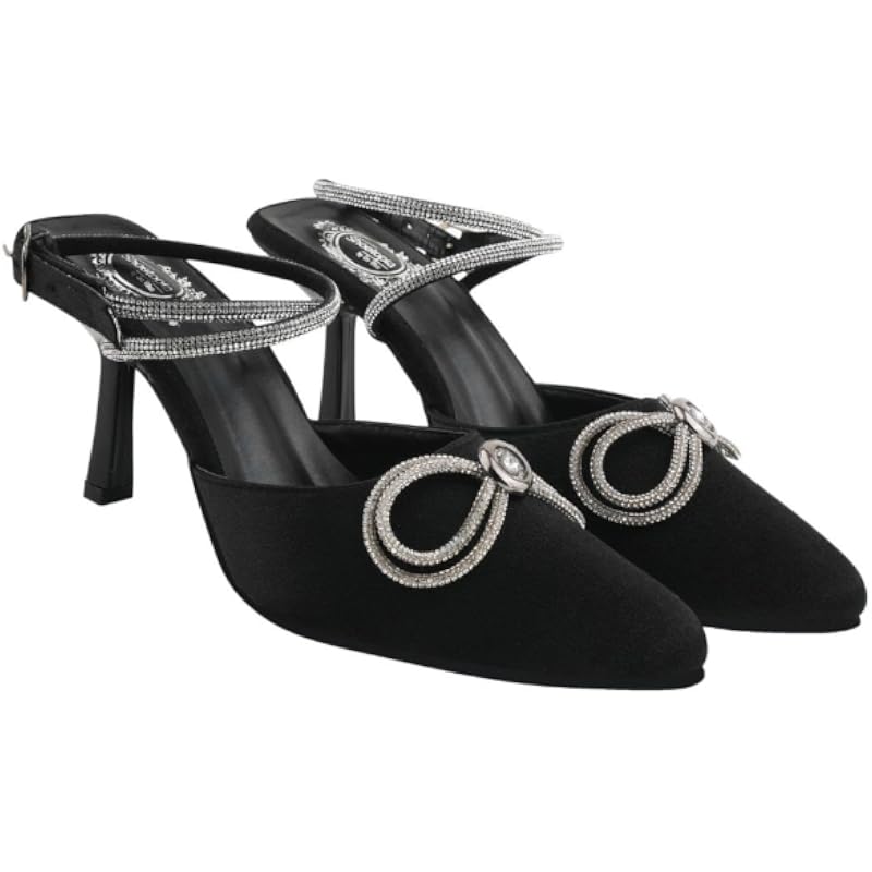 Women'S Black Satin High Heel Sandals Pointed Toe Party Heels With Rhinestone Bow & Ankle Strap Elegant Stilettos For W