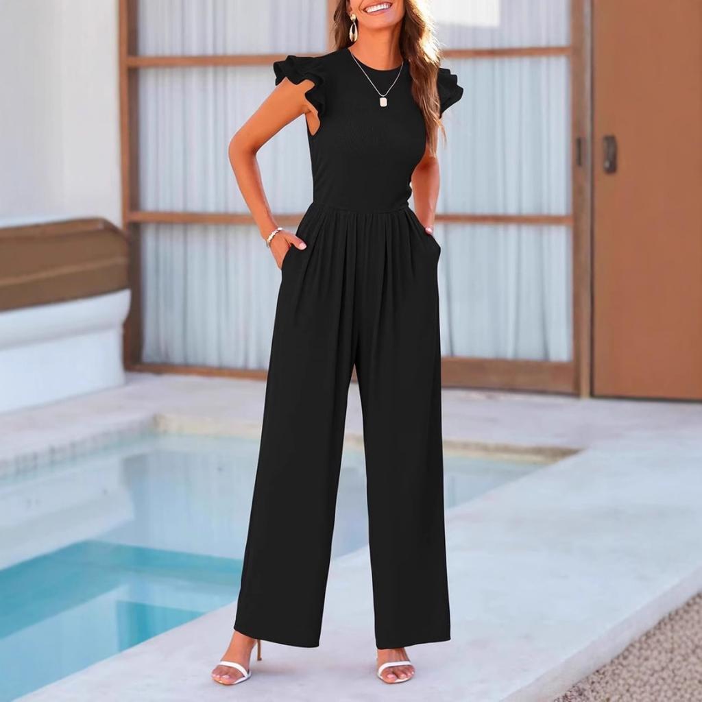 New Women's Casual Ruffled Flutter Sleeve Jumpsuit, Elegant European American Style Romper for Crossborder Outfit