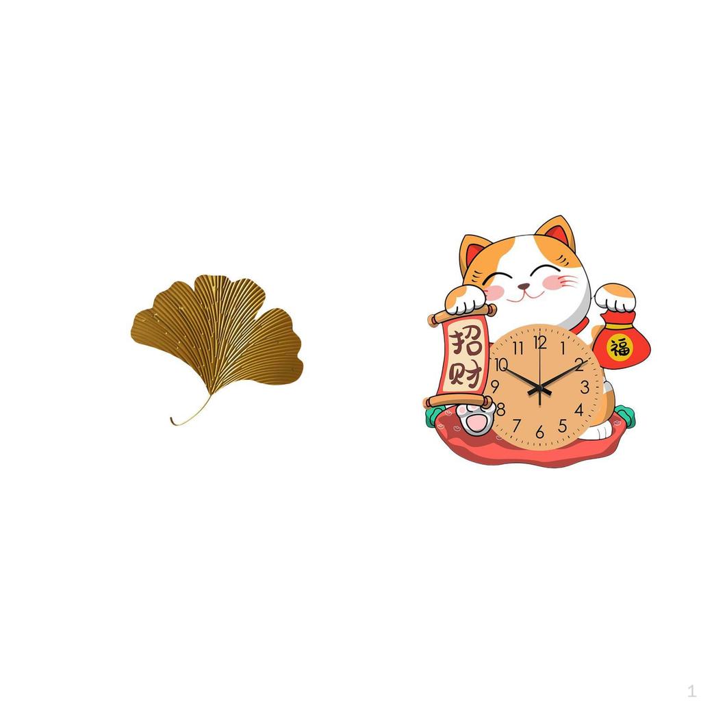 Ginkgo Leaves Iron Wall Sculpture And Cat Silent Clock Decor for Living Room Office Hotel Dining