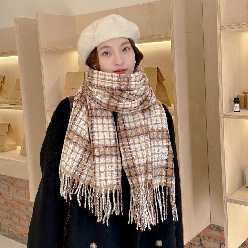 Women's Faux Cashmere Plaid Scarf - Korean Style, Thick & Warm Autumn/Winter Shawl