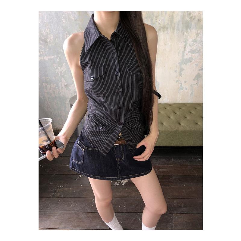 Women s striped shirt women s summer new design waist tie hot girl top S чёрный