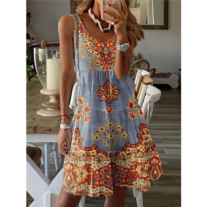 Women's Fashion Summer Spring Flower Pattern Print Sleeveless V-Neck High Waist Casual Dresses