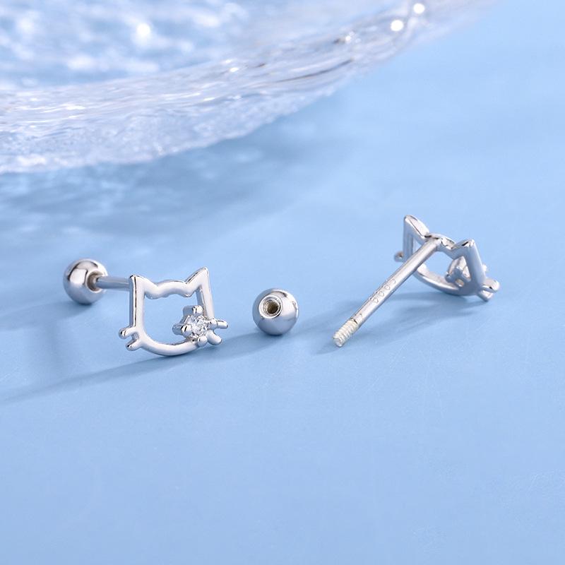 S999 Sterling Silver Zirconia Hollow Cat Stud Earrings for Women - No Need To Remove, Simple & Cute Design