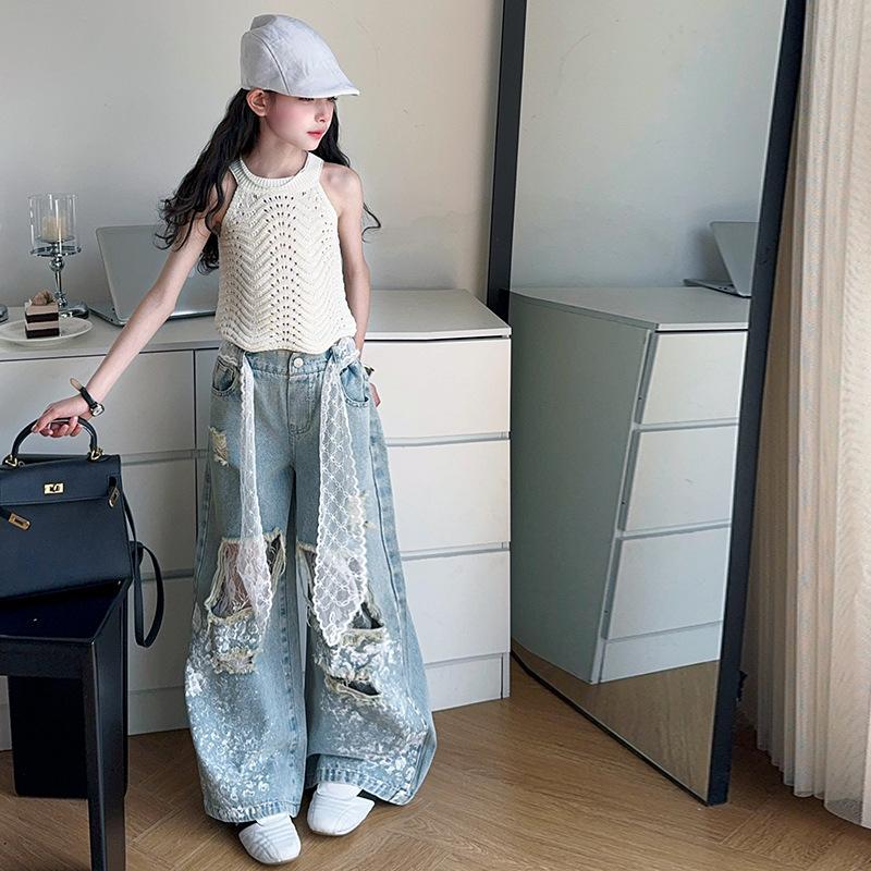 Fashion Girl Stylish Streetwear Y2k Jeans Kids Lace Drawstring Denim Pants Child Hip Hop Ripped Jeans Trousers with Holes