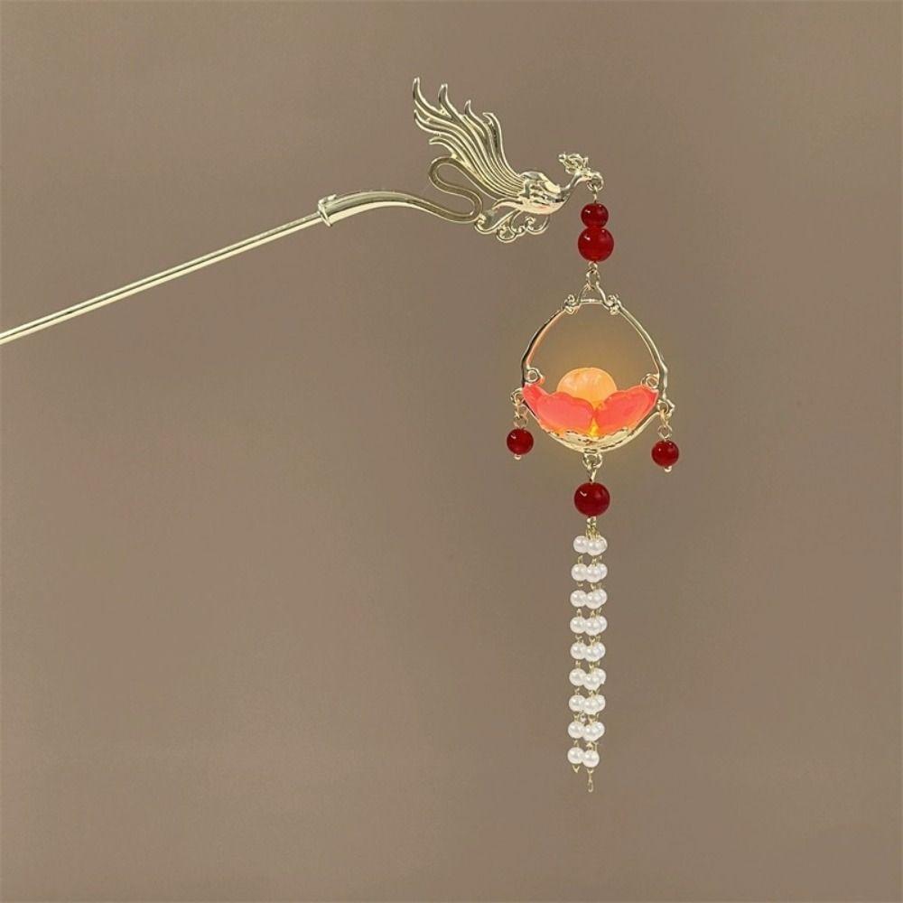 Vintage Lotus Emit Light Hairpin Chinese Style Tassel Hair Stick  For Woman Girl Hair Accessories