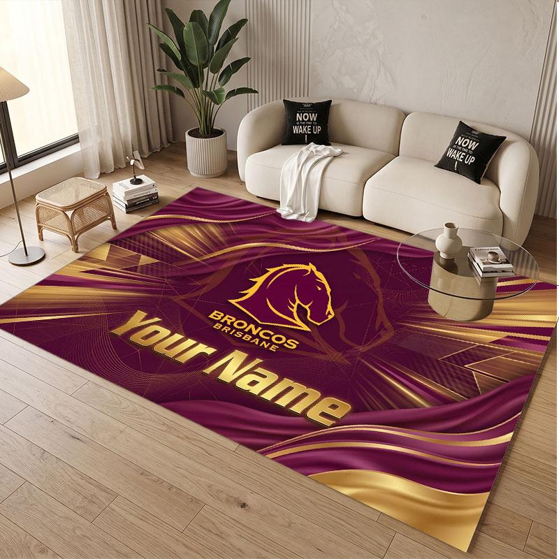 Benutzerdefinierter Teppich Brisbane Broncos Muster Druck Name Text Weicher Rutschfester Boden Teppich für Zuhause Innen Dekoration