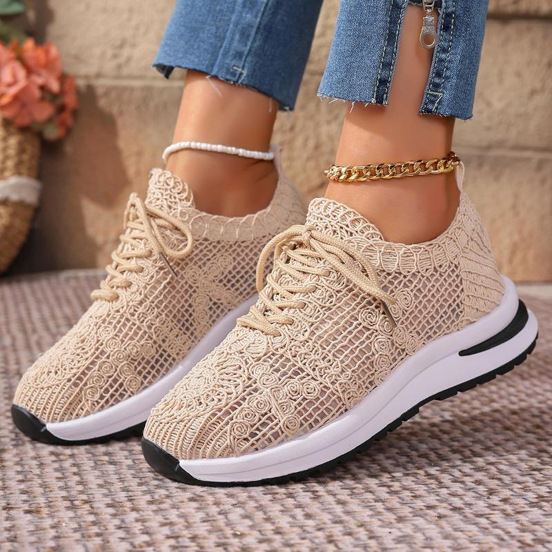 Fashion 2025 New Casual Breathable Mesh Shoes Women Summer Lace Up Soft Sole Medium Heel Sneaker Fashion Lace Hollow Out Running Shoes