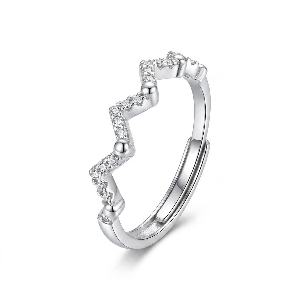 Adjustable S925 Sterling Silver Heartbeat Wave Diamond Ring for Women – Sweet Girly Accessory