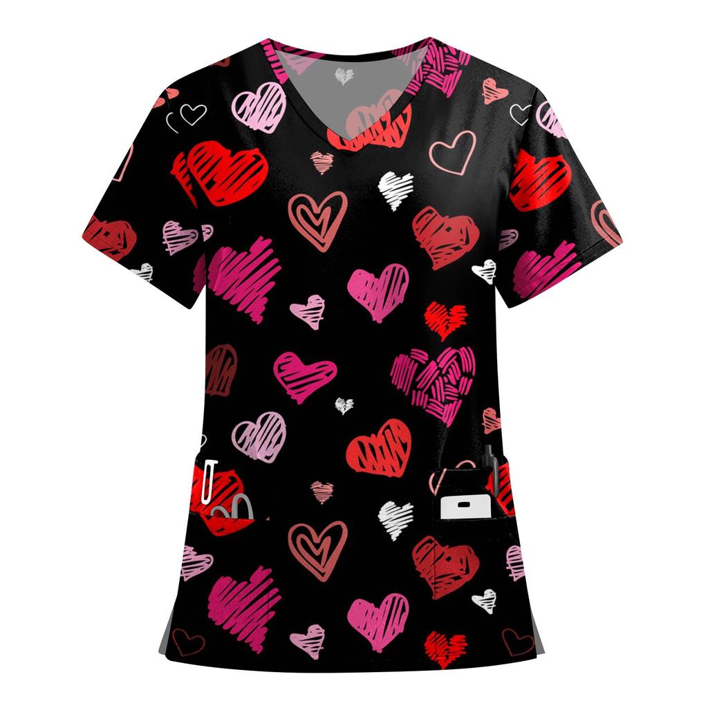 Women's Fashion Printed Short Sleeve V Neck Pattern Tops Pocket Working T-shirts