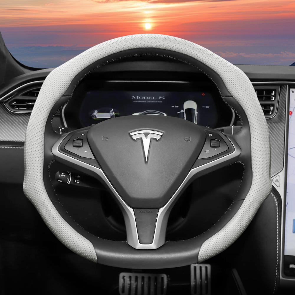Geeignet für Tesla Perforierte Lederlenkradabdeckung, Rutschfest, Schweißabsorbierend, Atmungsaktiv, Integrierte Snap-On Schutzhülle für Modell 3 Y S