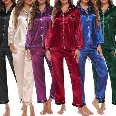 Damen-Pyjama-Set, langärmelig, gekerbter Kragen, Knopfleiste, weicher Satin, Pyjama, Nachtwäsche