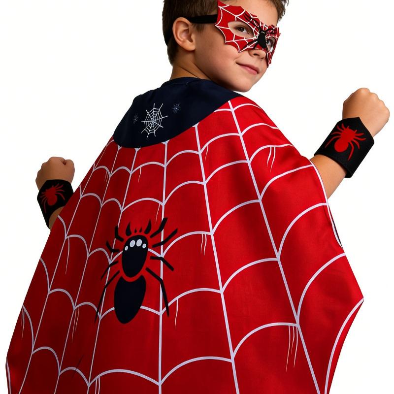Spider-Man Children Cape Mask Set Halloween Cosplay Super Hero Costume Unisex Kids Performance Outfit Red Black Spiderman Costume Accessory