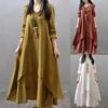 Robe Maxi Asymétrique Ample à Boutons en Coton Lin à Manches Longues pour Femme