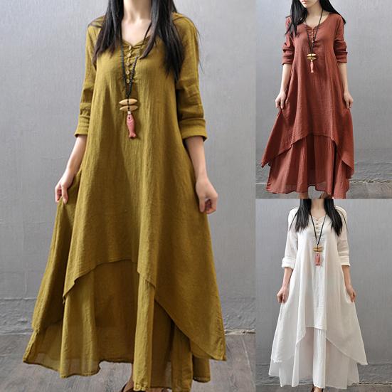 Robe Maxi Asymétrique Ample à Boutons en Coton Lin à Manches Longues pour Femme