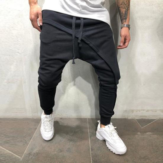 Men Harem Pants Solid Color Ankle Tied Streetwear Hip Hop Double Layer Running Baggy Pants for Jogging
